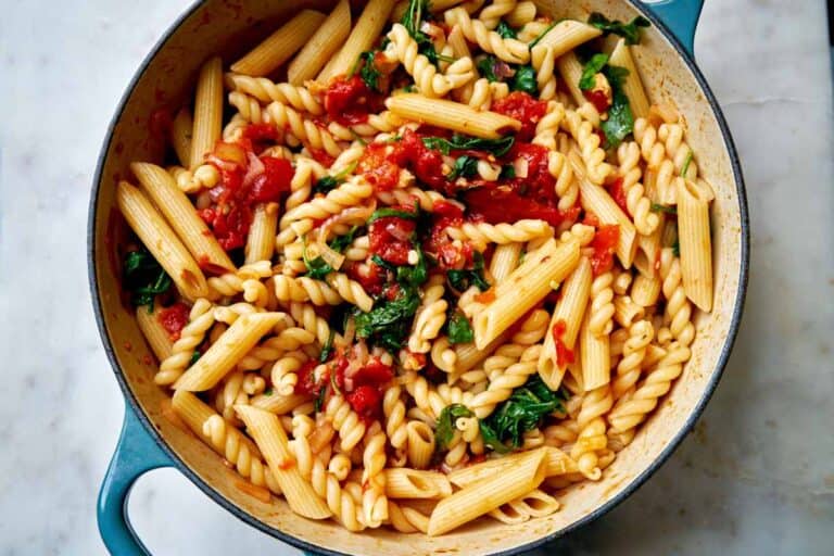 Arugula Pasta with Tomato and Pine Nuts - Proportional Plate