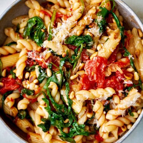Arugula Pasta with Tomato and Pine Nuts - Proportional Plate