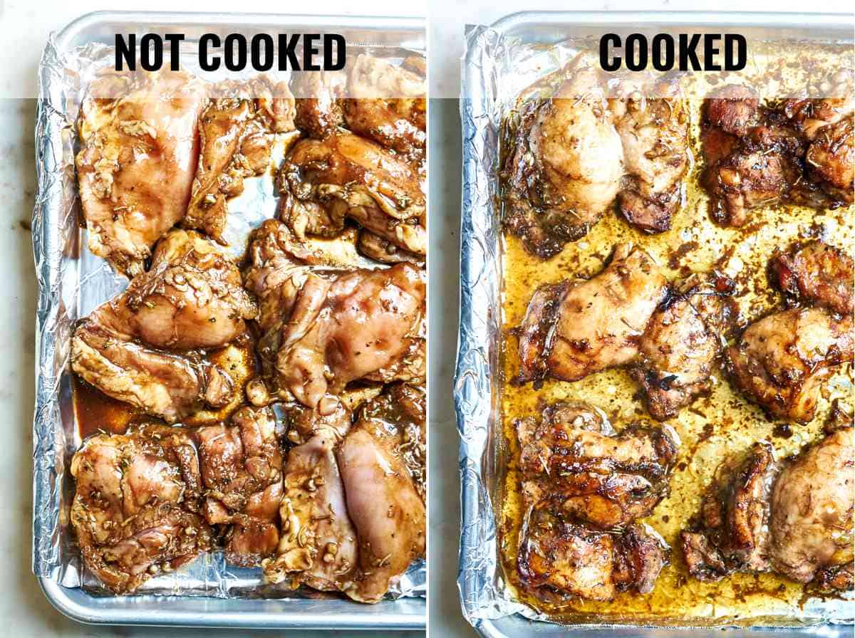 Chicken cooked and uncooked on on a baking sheet covered in foil.