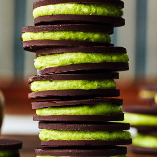 Stack of gelt and green filling.