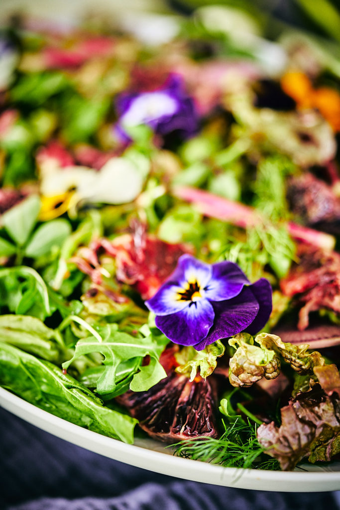 Close up of a large green and pink salad with herbs, citrus, and radish and purple flowers.