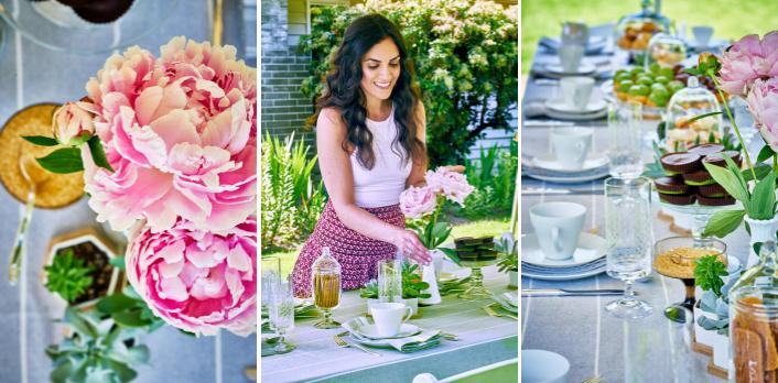 Garden tea party photos with pink peonies and a girl.