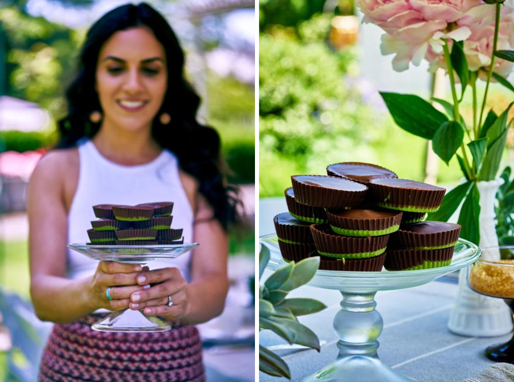 Side by side photos of peanut butter cups with matcha and a girl holding chocolates.