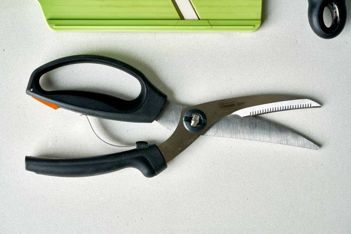 Black poultry shears on a countertop next to a green mandolin.