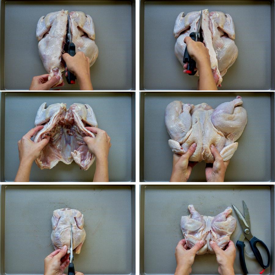 6 steps showing two hands cutting and flattening a raw chicken.