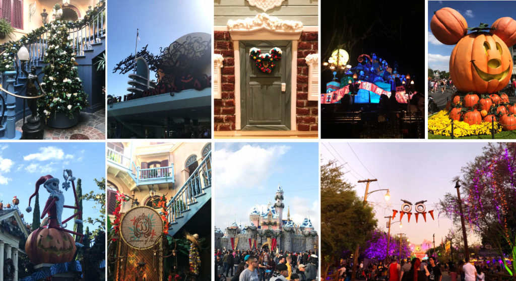 Pictures of different holidays at Disneyland.