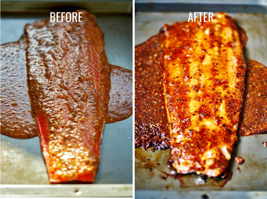 Before photos of salmon salmon covered in red marinad before and after baking it.