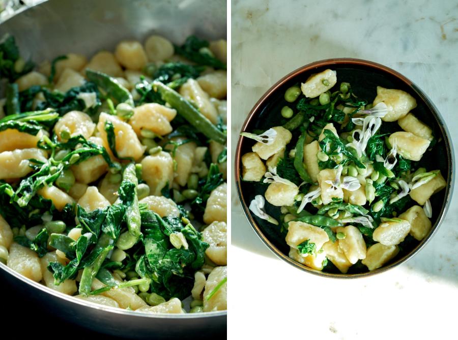 Gnocchi with fava bean greens, fava beans, and fava bean flowers in a pan and in a bowl.