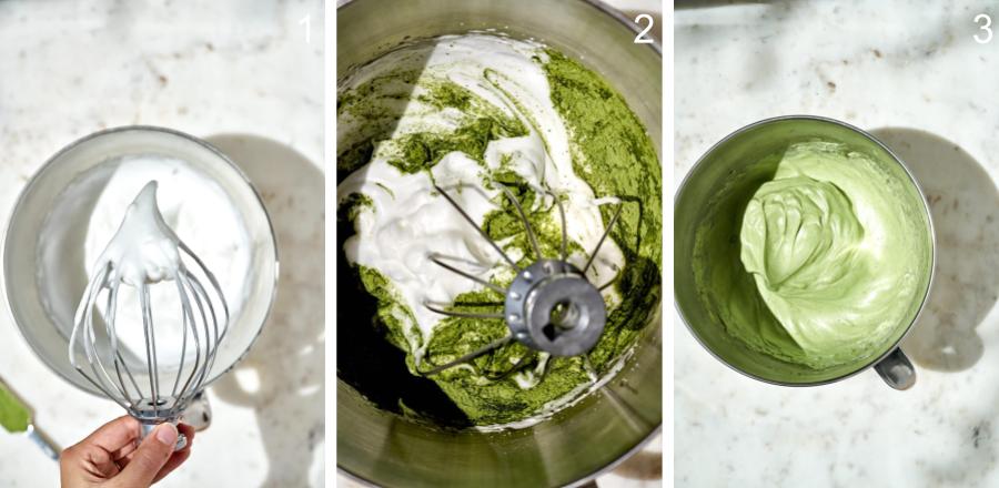 Side by side photos of adding matcha powder to white meringue.