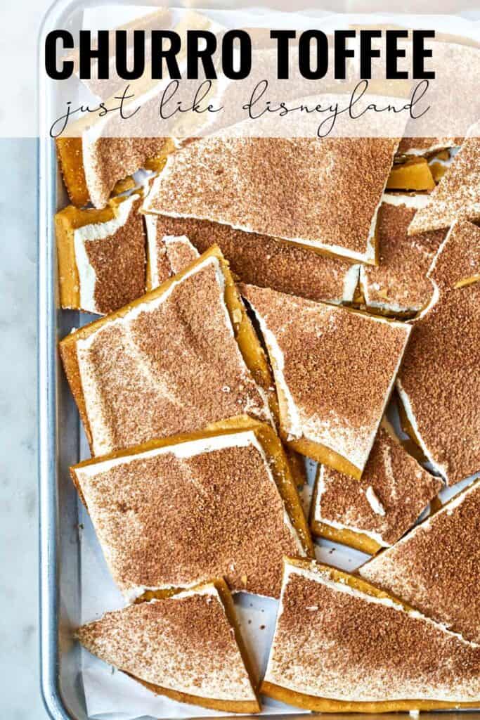 Top view of a sheet pan full of toffee with title text.
