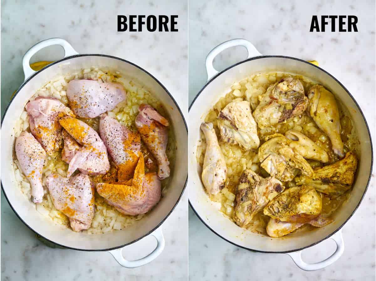 Before and after chicken is cooked with diced onion and spices.