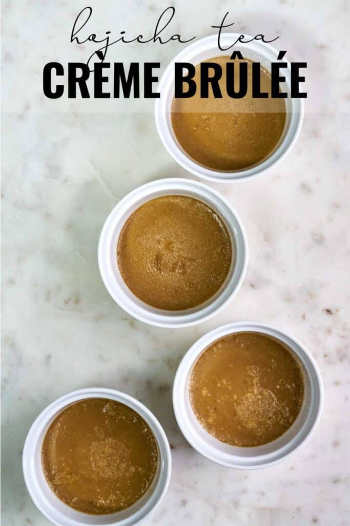 Four cooked creme brulee ramekins with title text.