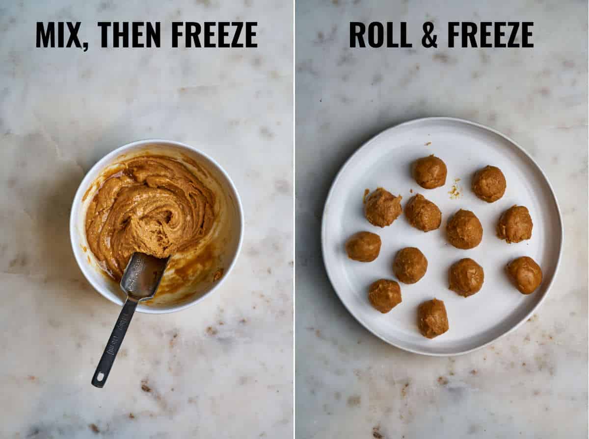 Hardened peanut butter in a white bowl and then rolled into balls.