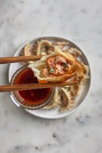 Inside a salmon potsticker.