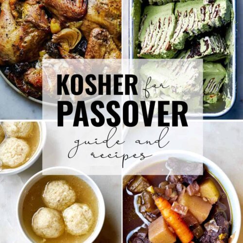 Collage of four Passover dishes including chicken, matzo ball soup, stew, and ice box cake.