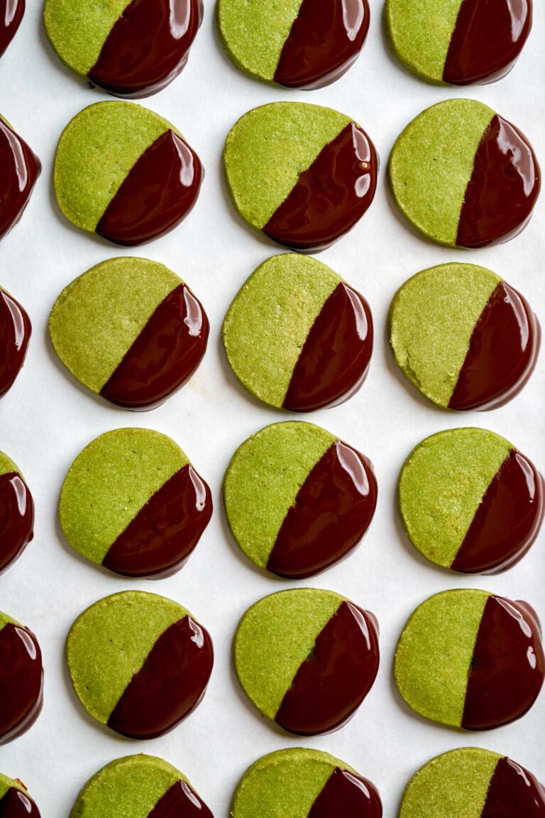 Matcha Shortbread Cookies Dipped in Dark Chocolate