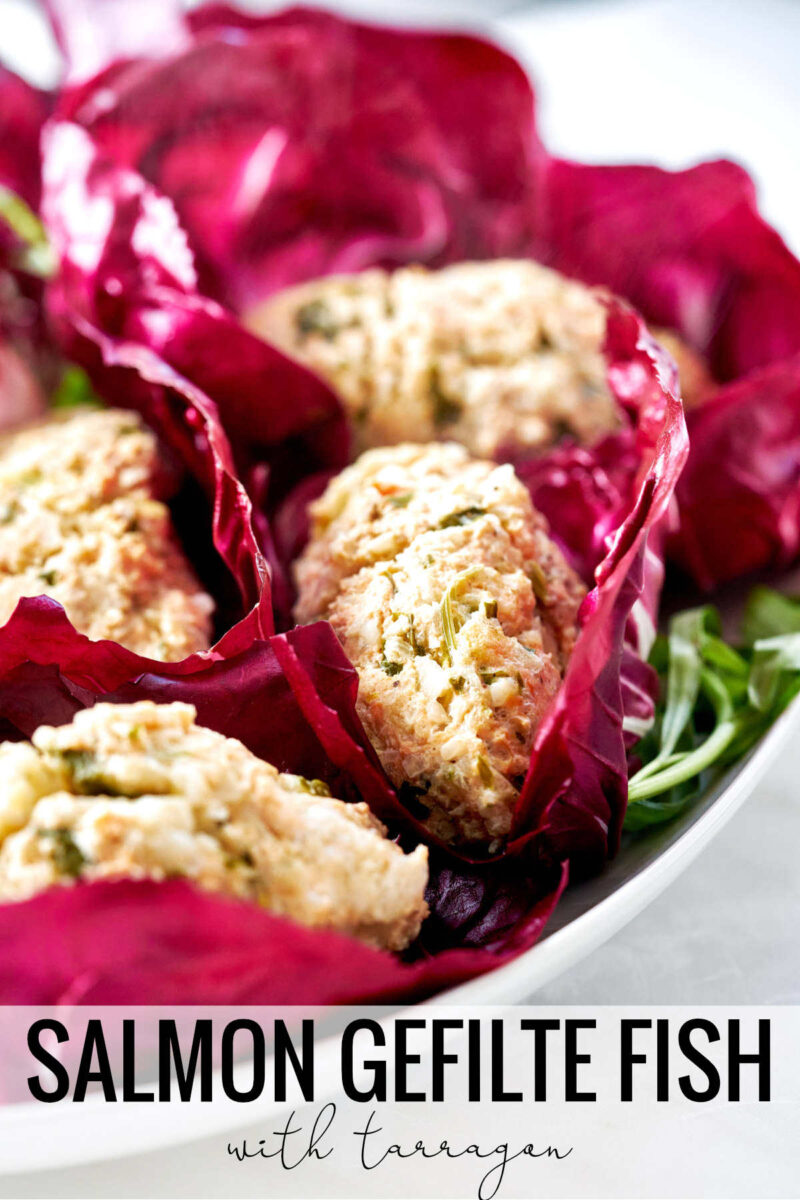 Fishcakes nested in radicchio with text.