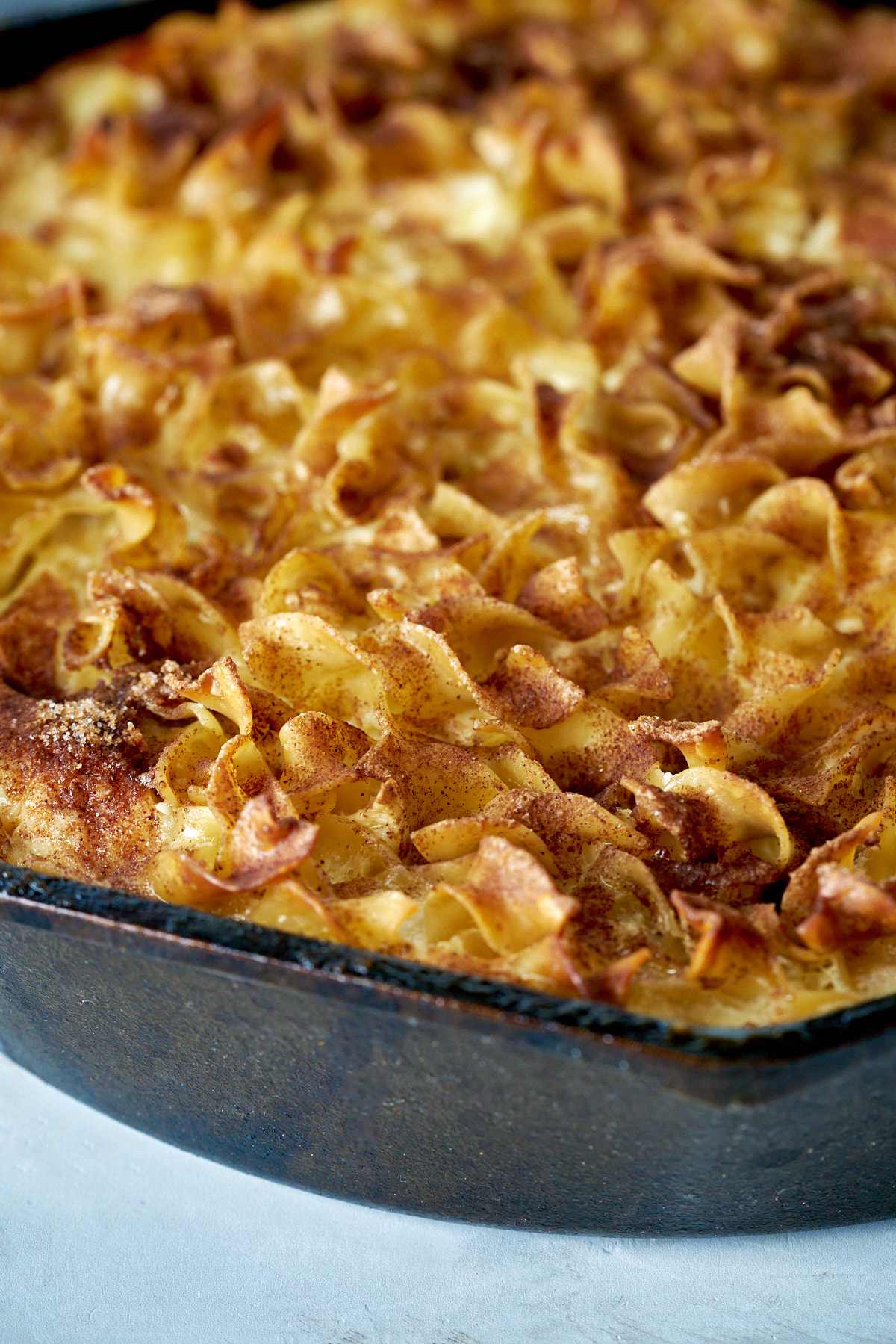 Baked noodle casserole with cinnamon topping.
