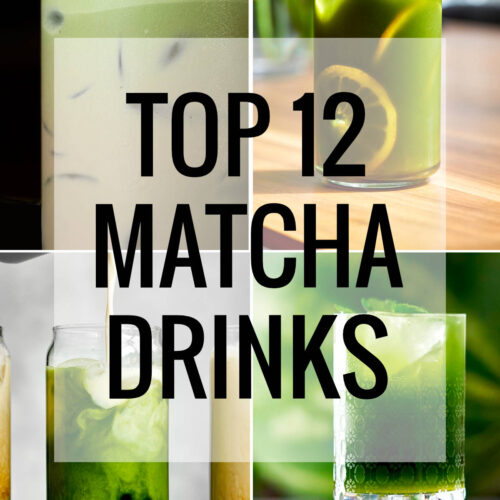 Green matcha drinks in a grid with large title text.