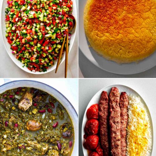 Collage of Persian dishes including kabob, stew, and rice.