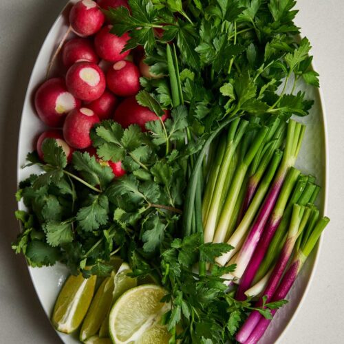 Top view of a plate filled with herbs, scallions, limes, and radishes.
