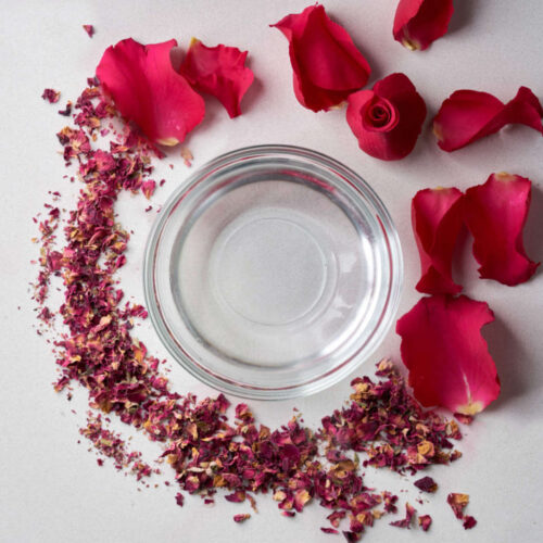 Dried and fresh rose petals surrounding a glass bowl filled with clear rose water.