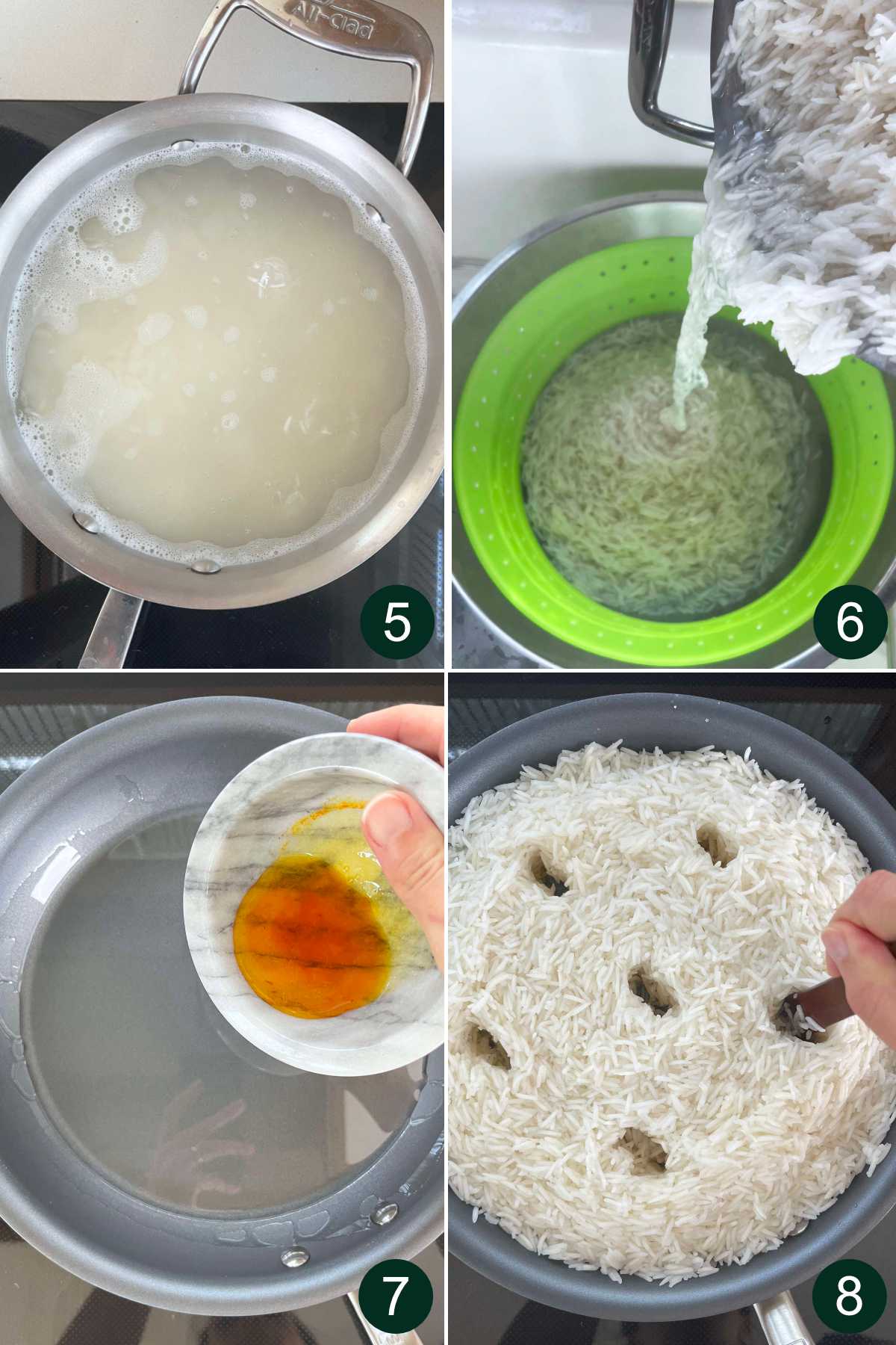Cooking, straining, and adding rice to a fry pan with oil and saffron.