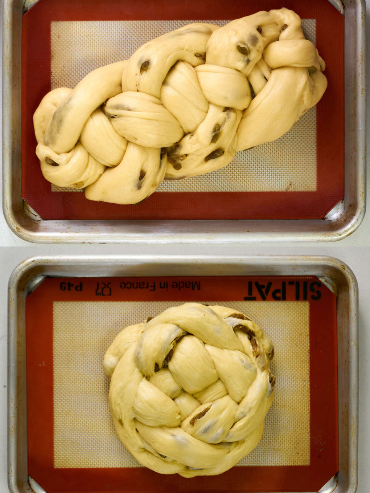 Two raw challah loaves on baking sheets lined with silicone baking mats, a 4-strand braid on top and a round braid on the bottom.