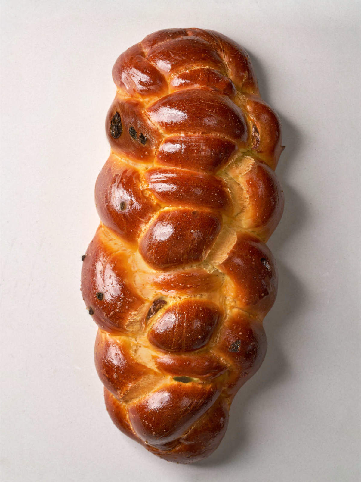 A brown, baked, braided challah bread with raisins on a light grey background.