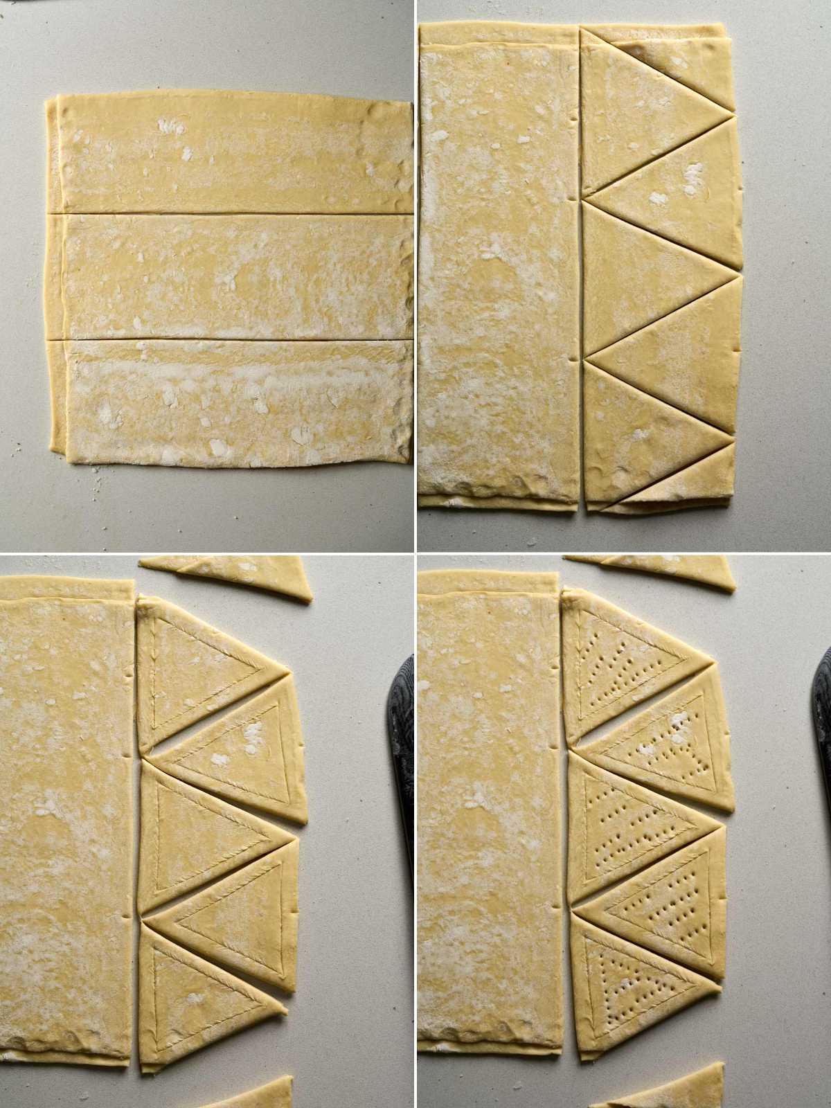 Top down view of puff pastry sheets with triangles cut into one side