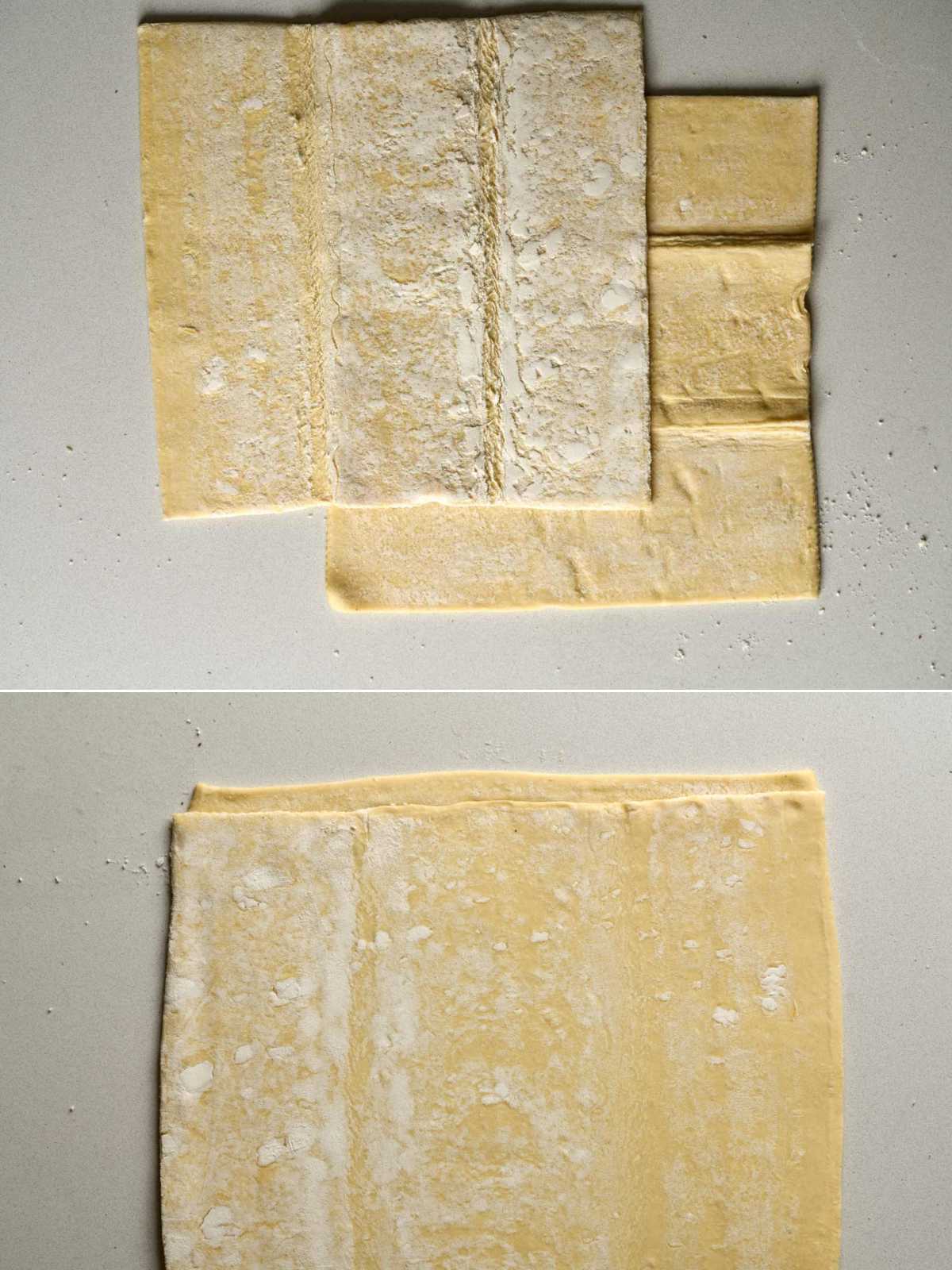 Top down view of two squares of puff pastry. 