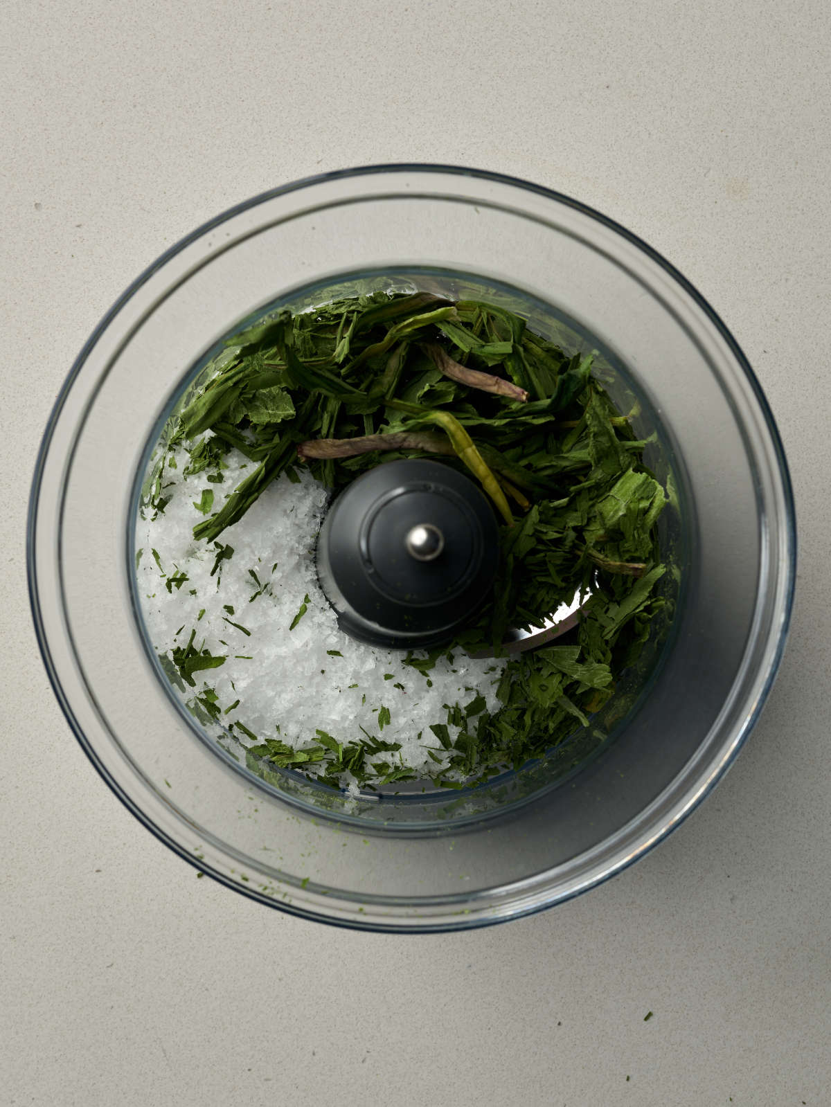 Green leaves and large salt flakes in a food processor