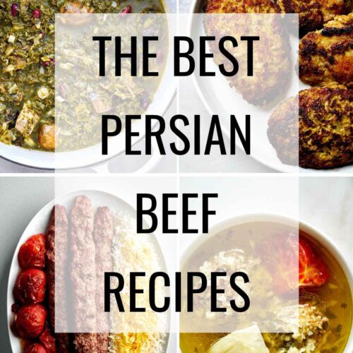 Four photos of beef stew, soup, and kabobs in a grid with a text overlay.