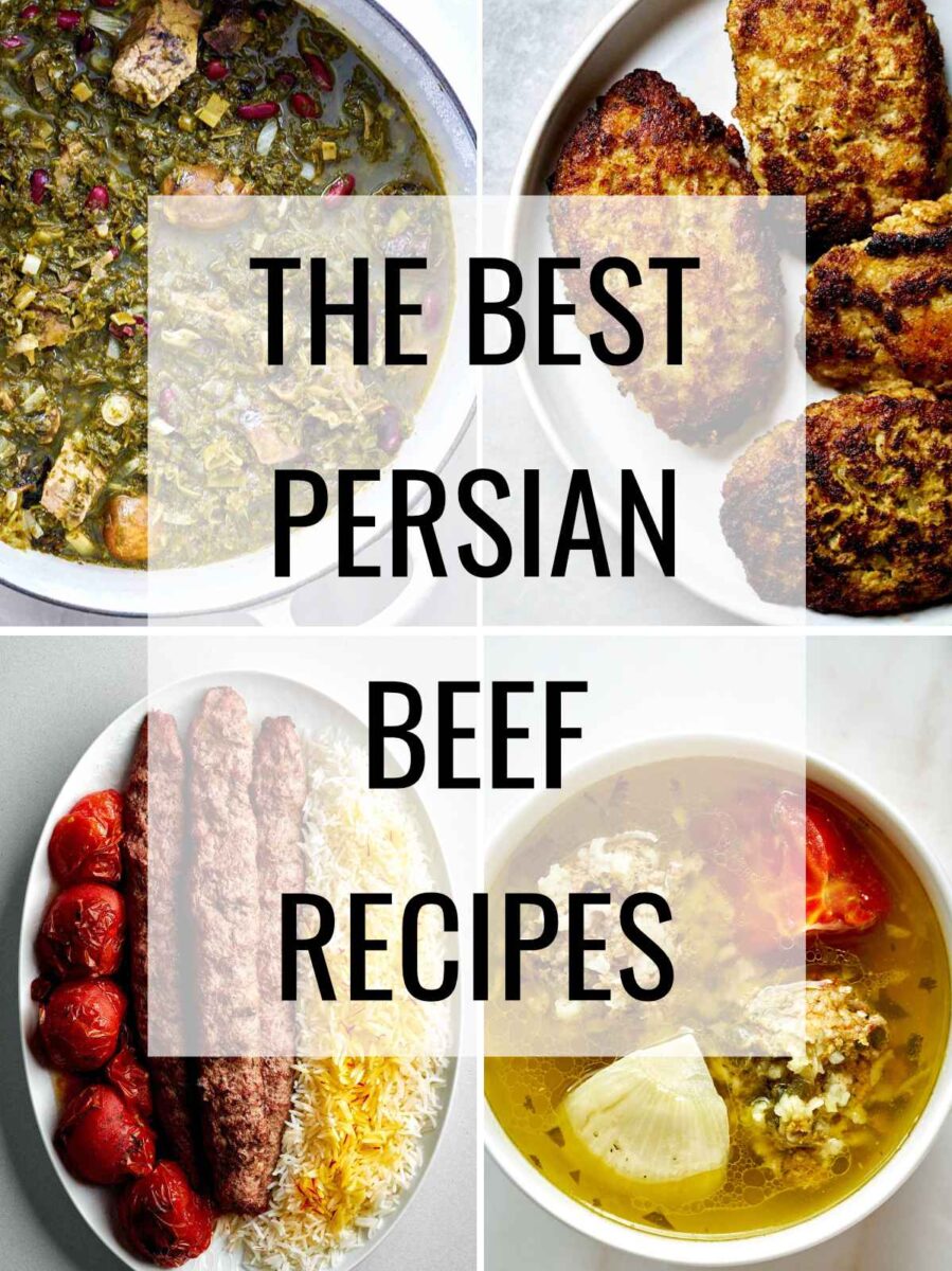 Four photos of beef stew, soup, and kabobs in a grid with a text overlay.