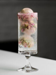 Rose bud ice cubes in a cocktail glass with a pink sugar rim.