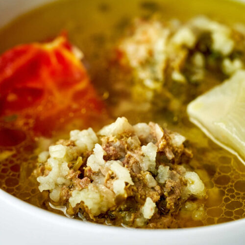 Close up of rice dumpling soup.