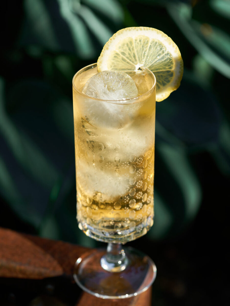 A fancy drink in a pedestal glass with a lemon slice garnish.