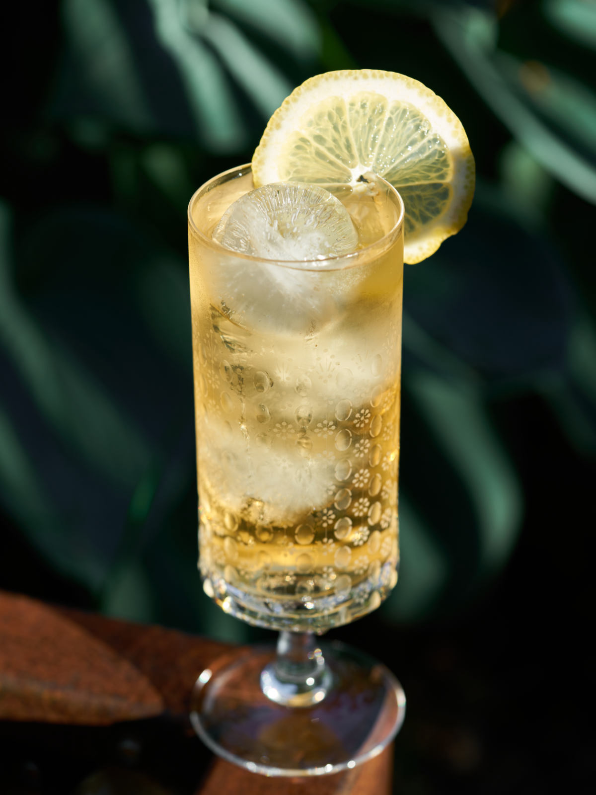 Fancy drink in a pedestal glass with a lemon slice garnish.