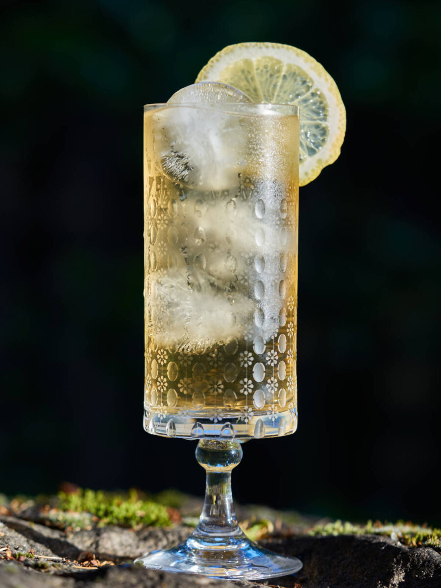 A fancy drink in a pedestal glass with a lemon slice garnish.