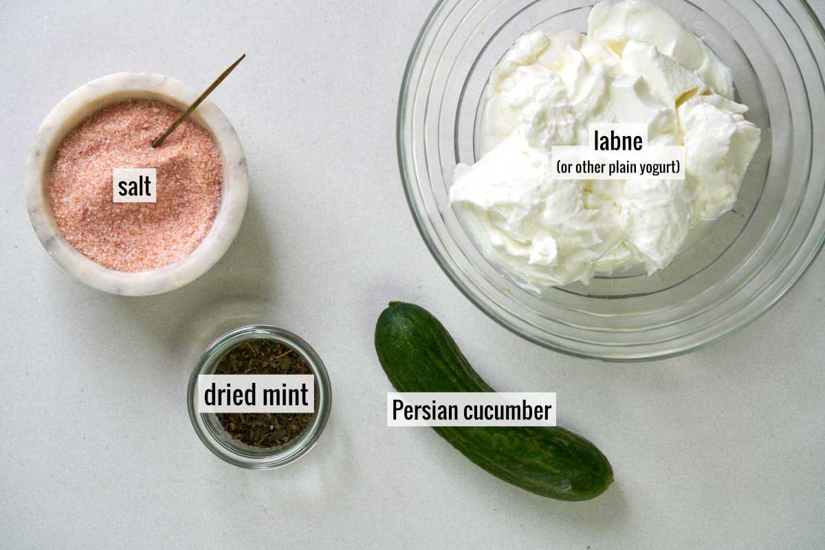 A marble dish of pink salt next to a container of dried mint, a Persian cucumber, and a glass bowl with yogurt.