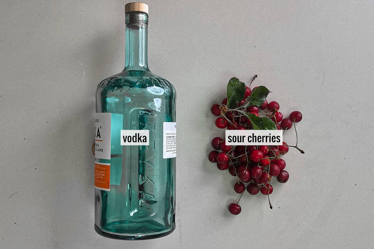 A bottle of vodka in a blue glass bottle next to a pile of cherries.