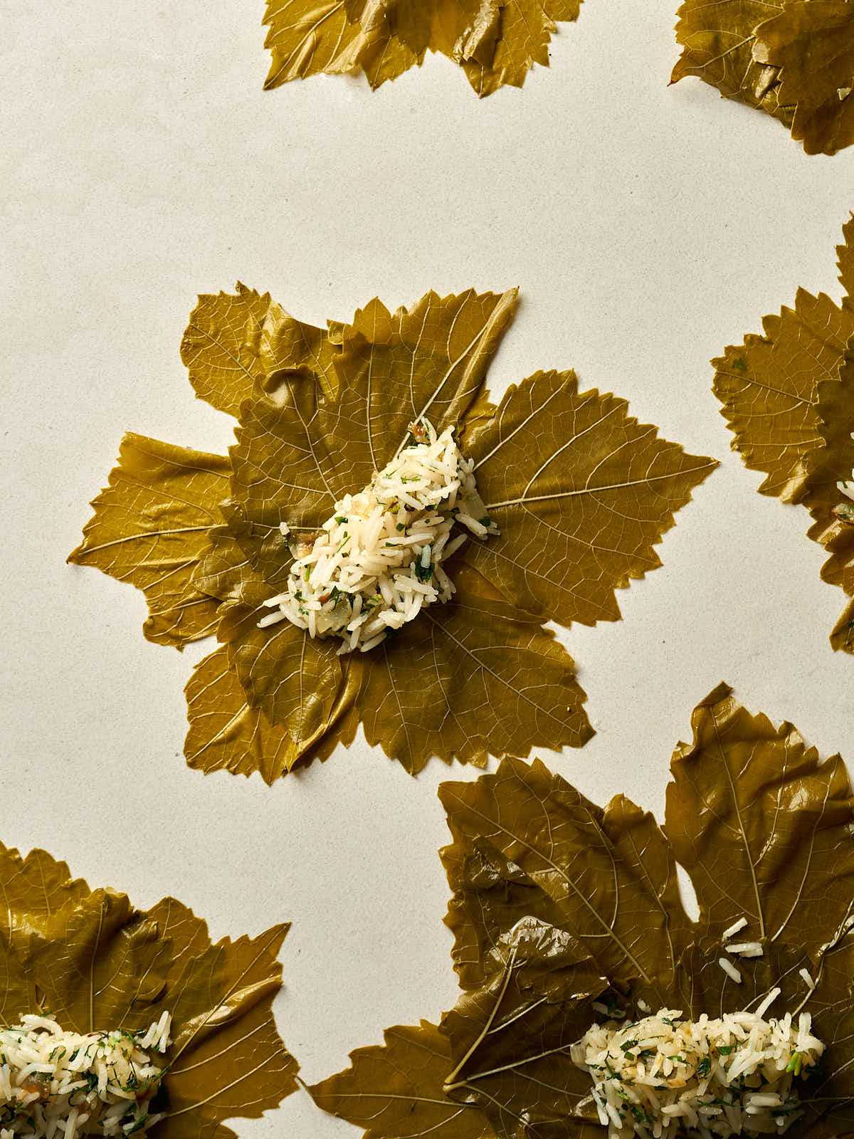 Several large grape leaves with mounds of rice on top of them.