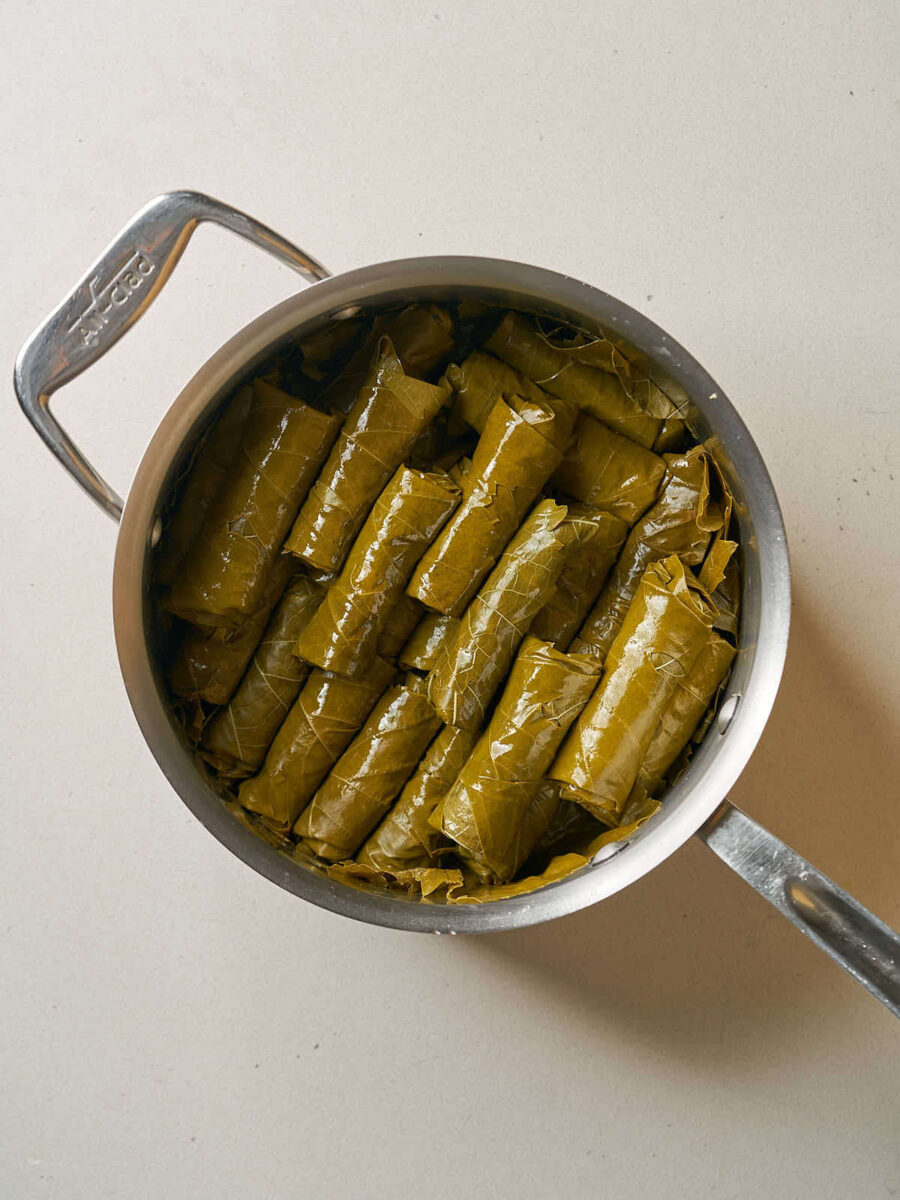 Layers of rolled grape leaf parcels in a large silver pot.