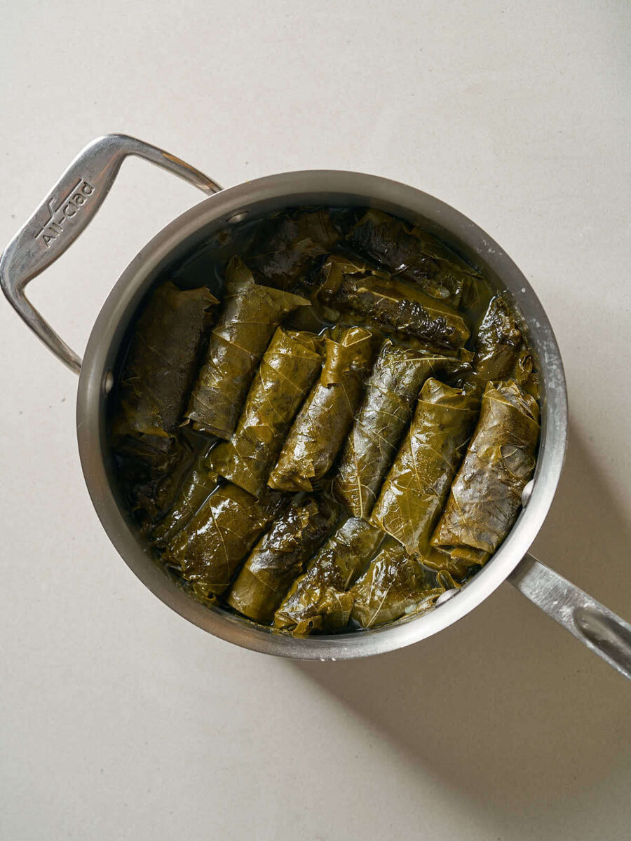 Layers of rolled grape leaf parcels in a large silver pot.