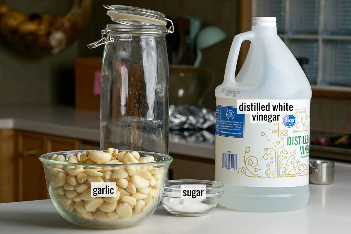 Gallon of white vinegar next to a bowl filled with peeled garlic cloves and a bowl of sugar.