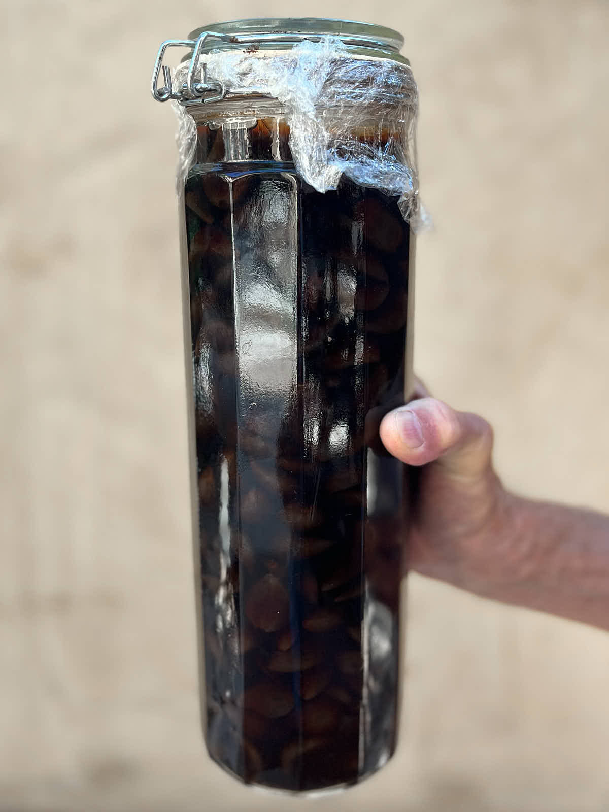 Hand holding a hexagonal glass jar filled with black garlic.