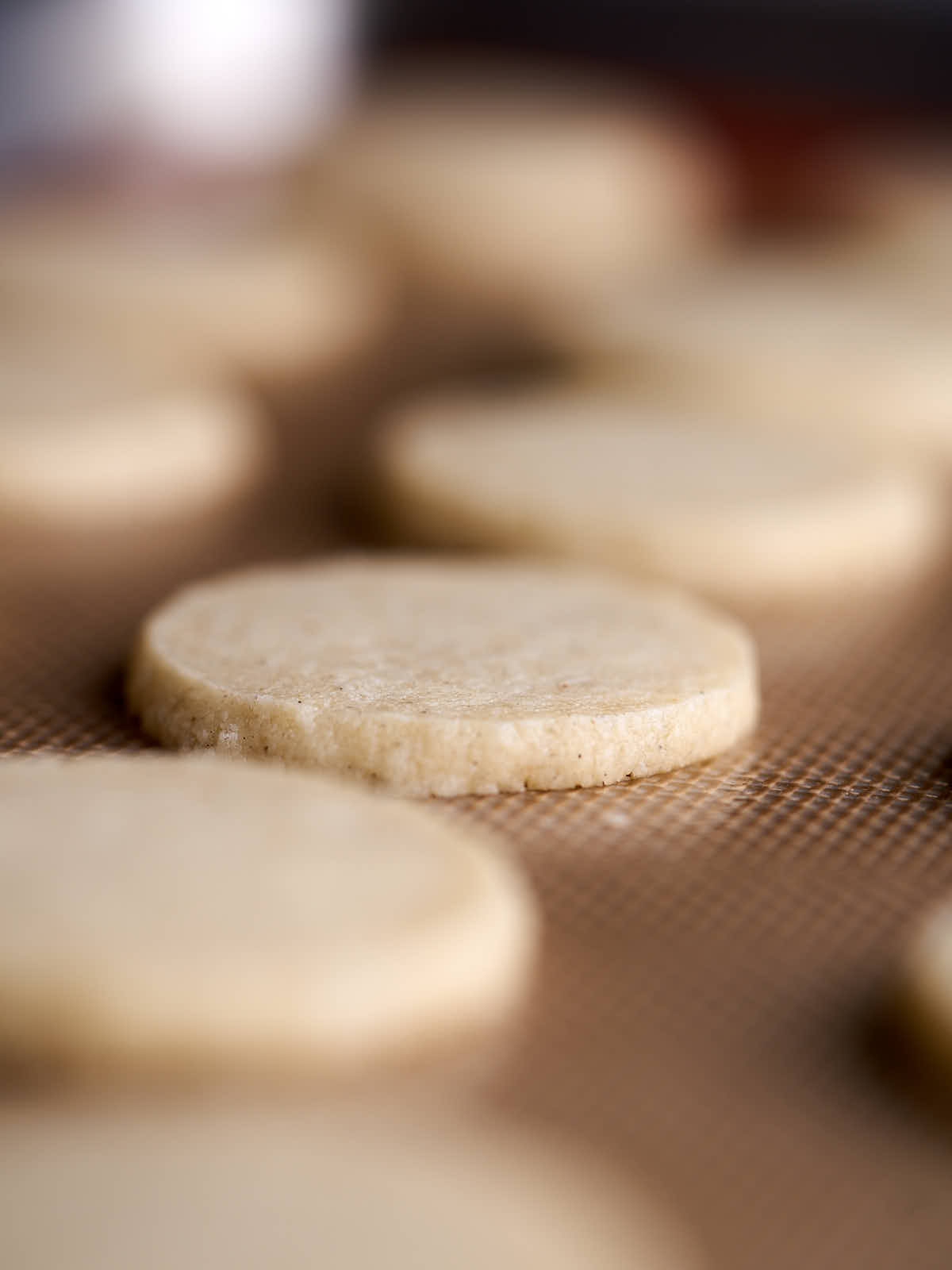 Round shortbread cookies on a baking sheet.