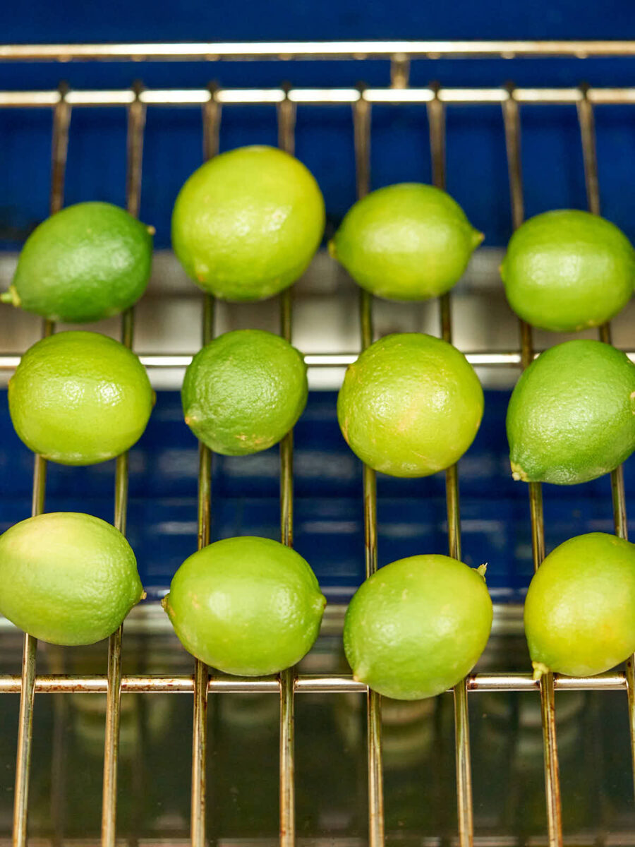 Twelve limes on an oven rack.