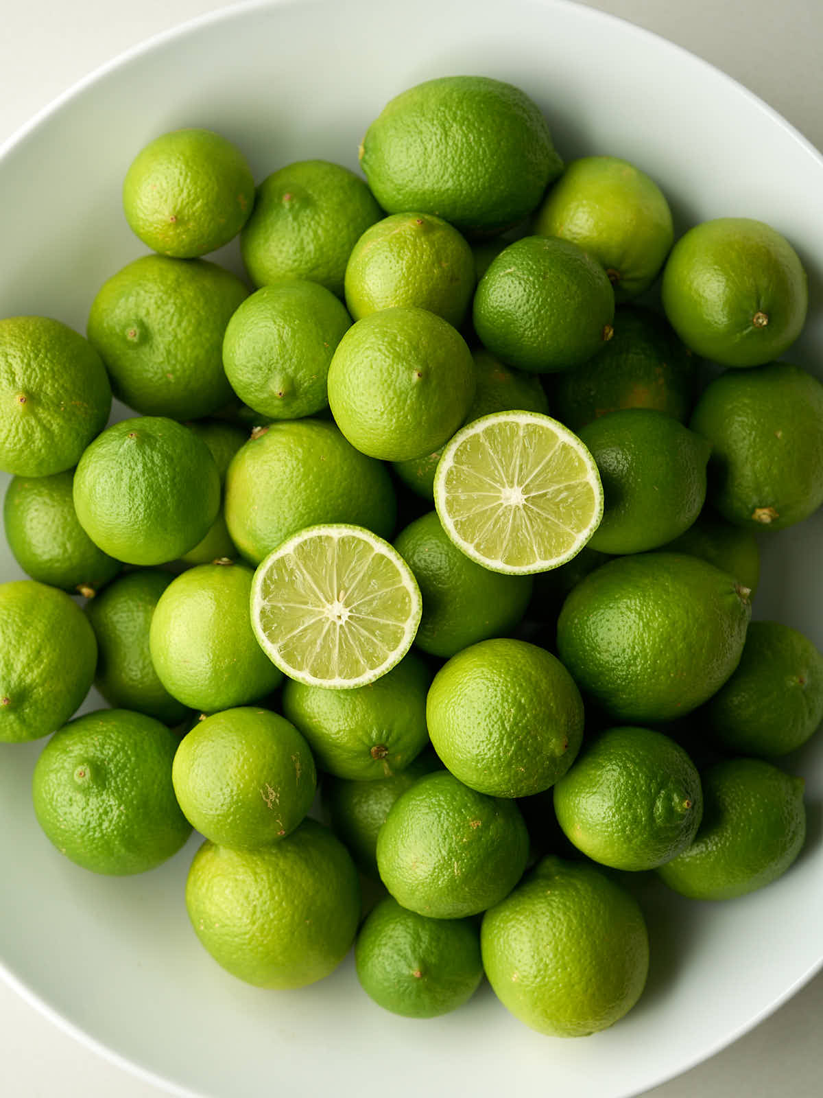 Limes in a large white bowl with one cut in half.