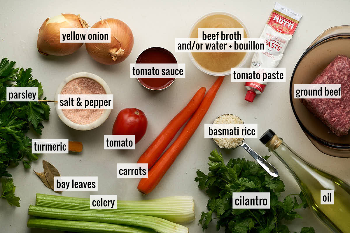 Ingredients including meat, onions, herbs, and tomato paste laid out on a counter.